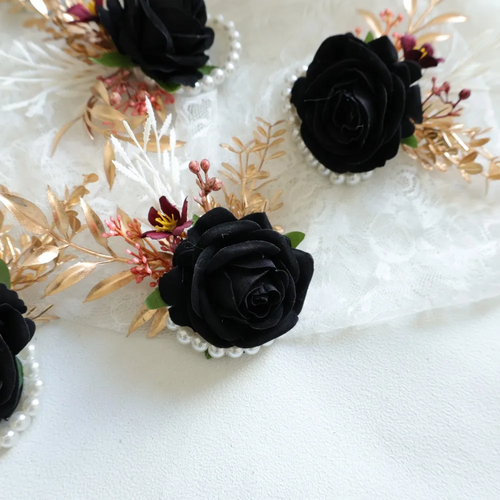 صدرية المعصم السوداء وزهرة العروة على المعصم للعروس وصيفة العروس الزفاف العروة للرجال العريس وصيف الزفاف #5