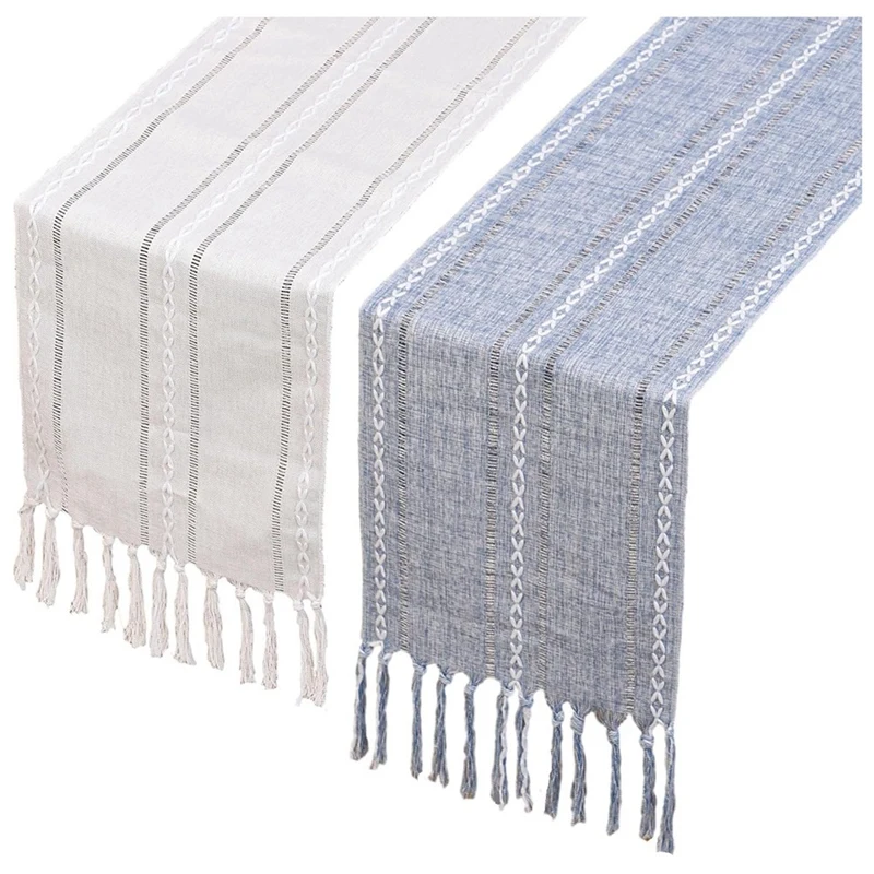 2 Pack 13 X 78 Inches Linen Boho Table Runner Braided Striped Coffee Table Runner For Dining Party Holiday