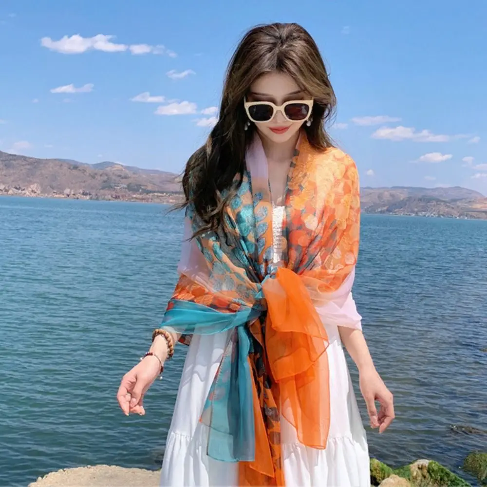 وشاح حريري رقيق للنساء ، شال حماية من الشمس الرقيق ، فورال عتيق ، عطلة رائعة ناعمة