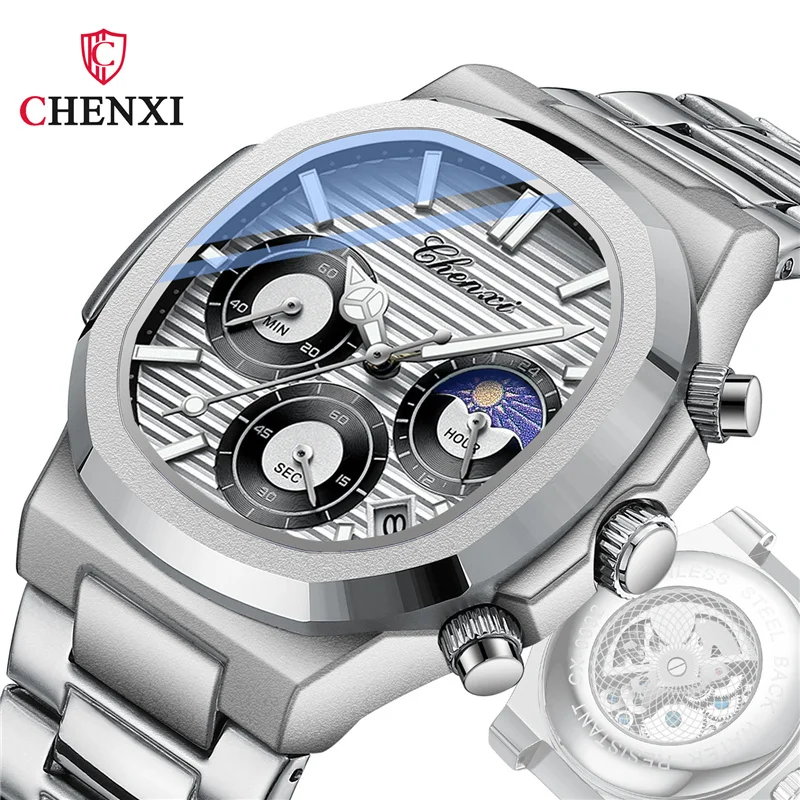 CHENXI 0092 Fashion Quartz Watches For Mens Creative Moon Phase Luxury Luminous Dial With Chronograph Clock Male Casual