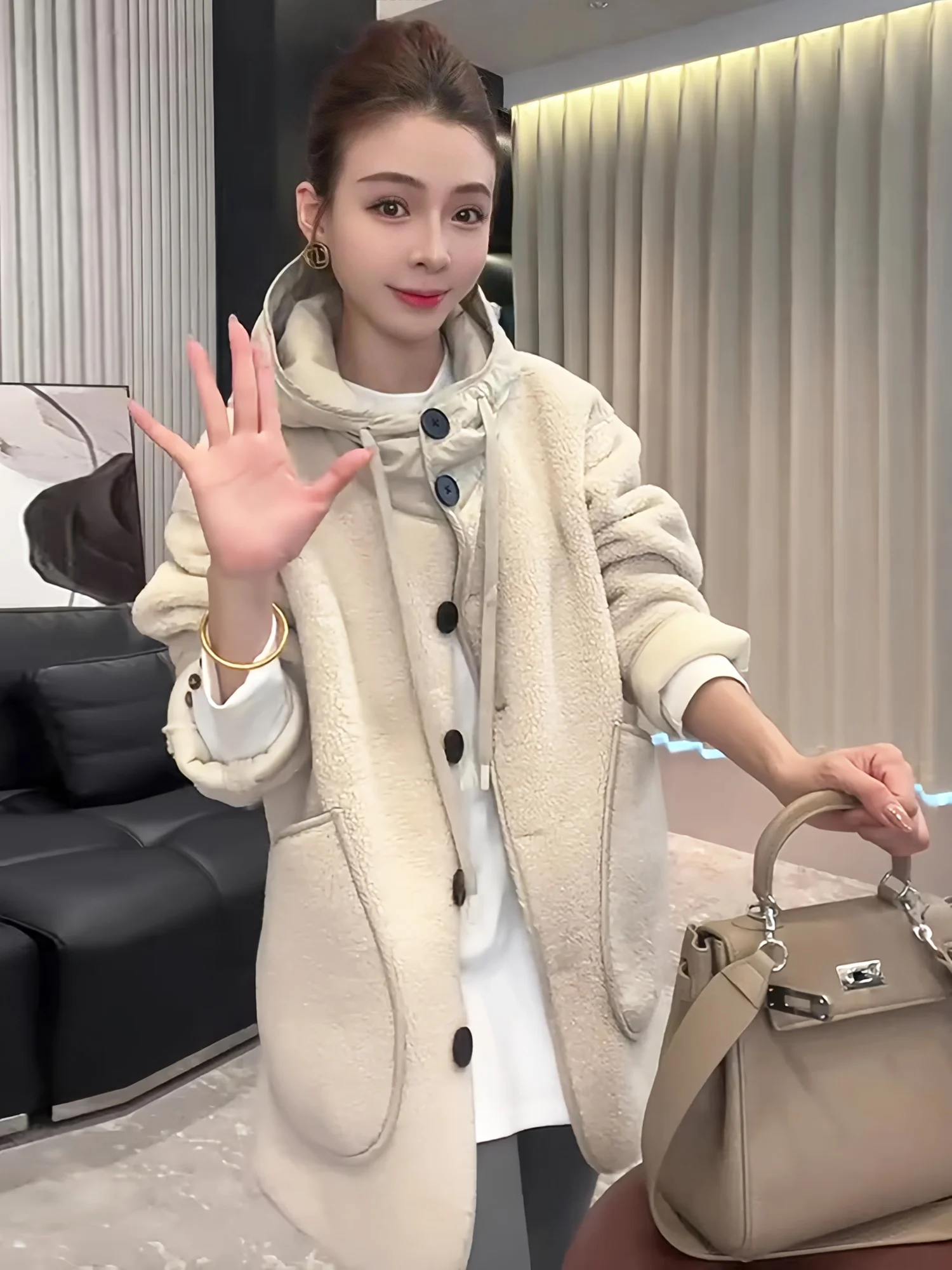 

Lamb Fur Jaet Women's Winter Coat Warmth Inteated Leather And Fur Hooded Coat Large ket Casual Sle Commute Faion