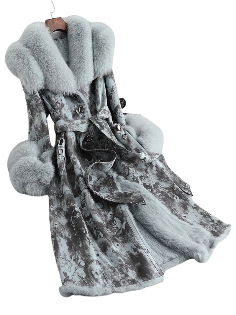 Fashionable and warm! Real rabbit fur one-piece coat, female fox fur collar, rabbit fur inner liner, fur coat, medium length sty