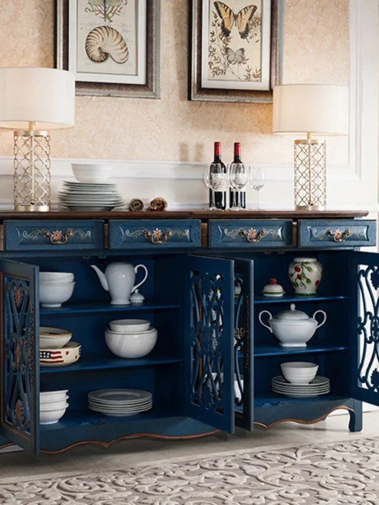 Solid Wood Drawer Cupboard Vintage Blue Wine Cabinet Hollow Entrance Cabinet Shoe Cabinet