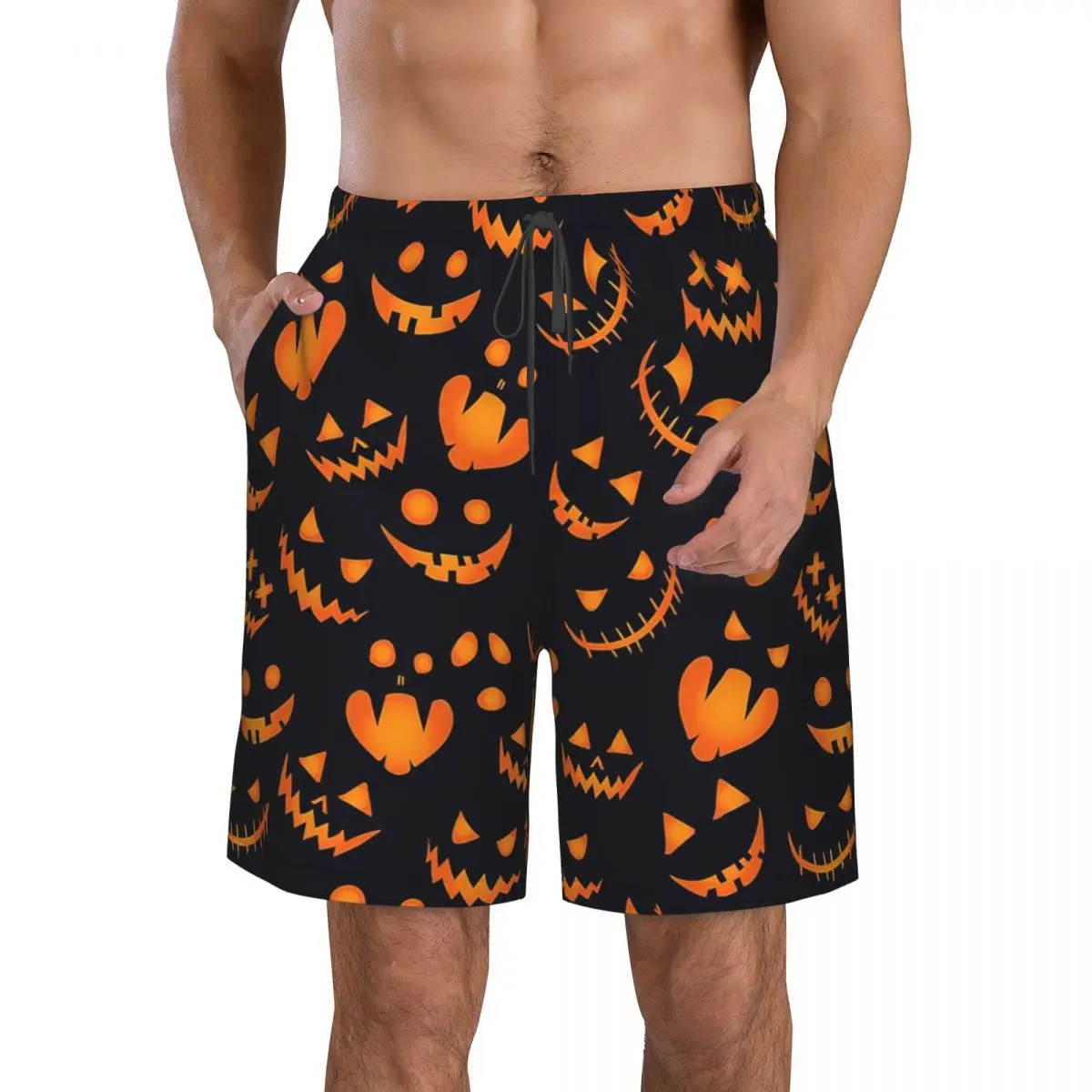 Pumpkin Background Halloween Seamless Pattern Men's Beach Shorts Fitness Quick-drying Swimsuit Funny Street Fun 3D Shorts