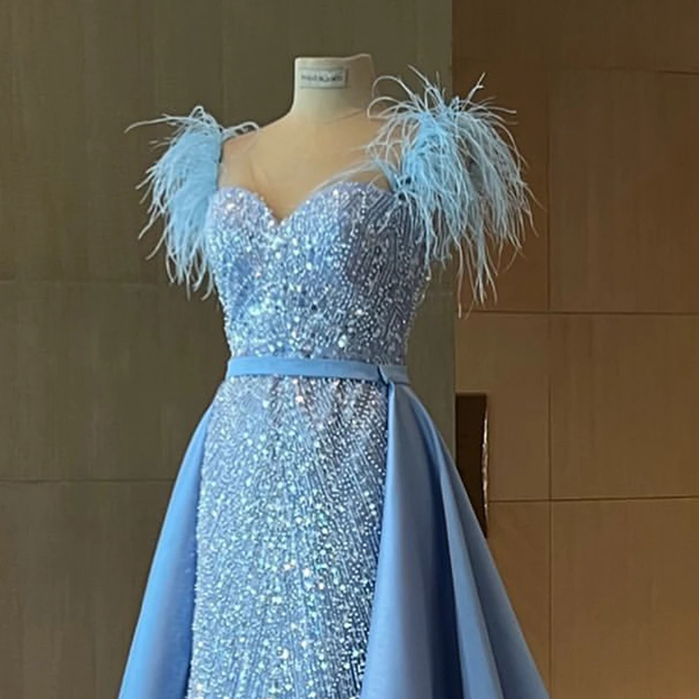 Robe de soirée élégante en perles de plumes pour femmes, bretelles spaghetti sirène avec poignées, train amovible, robe de Rhformelle, robe de soirée de mariage, 2024