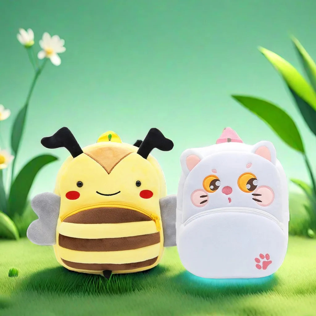 حقيبة ظهر قطيفة على شكل حيوان كرتوني لطيف ، نحلة صغيرة ، قطة ، حقيبة ظهر للطلاب بسعة كبيرة #1