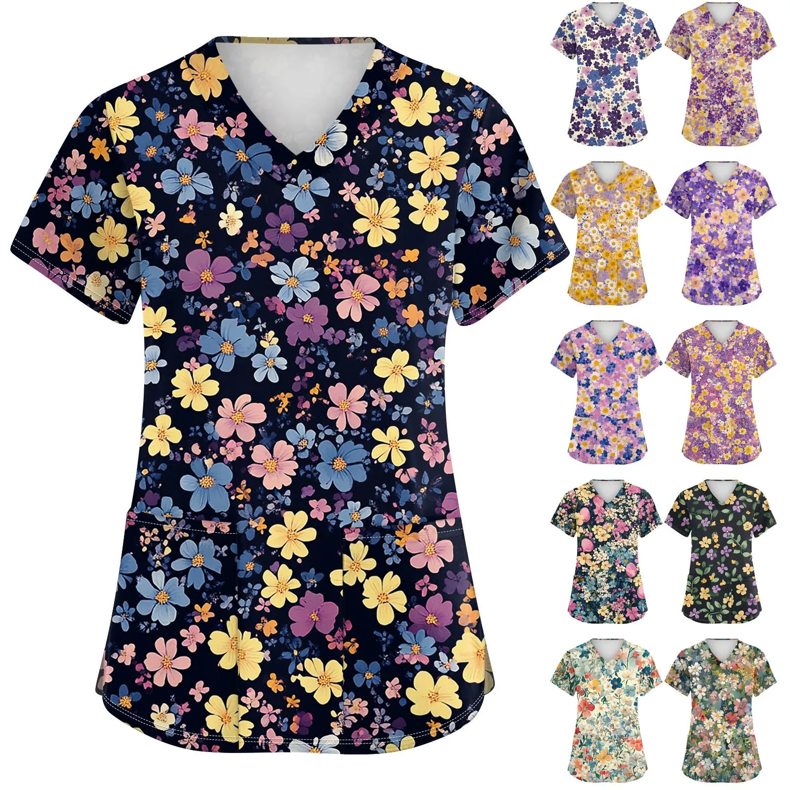 V-Neck Pocket Cartoon Animal Print Care Workers T-Shirt Tops Clinic Working Clothing Women Short Sleeve Scrub Tops Nurse Uniform