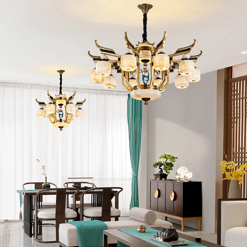 

New Chinese Zinc Alloy Chandelier Vintage Villa Chandelier duplex Jade Lift Empty Living Room Light Room Light