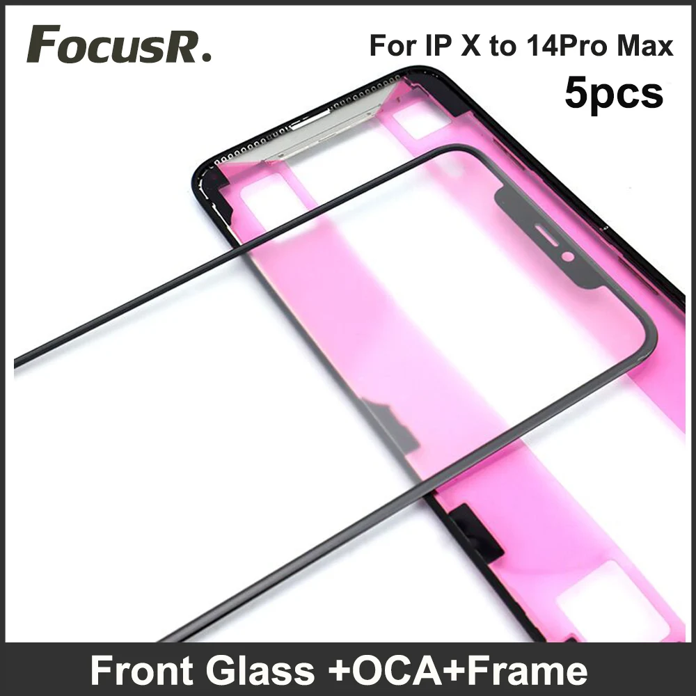 5PCS Top Quality Front Outer Screen Glass With OCA +Frame For iPhone 11 12 13 Pro X XR Xs Max Cracked Glass Repair Replace Parts