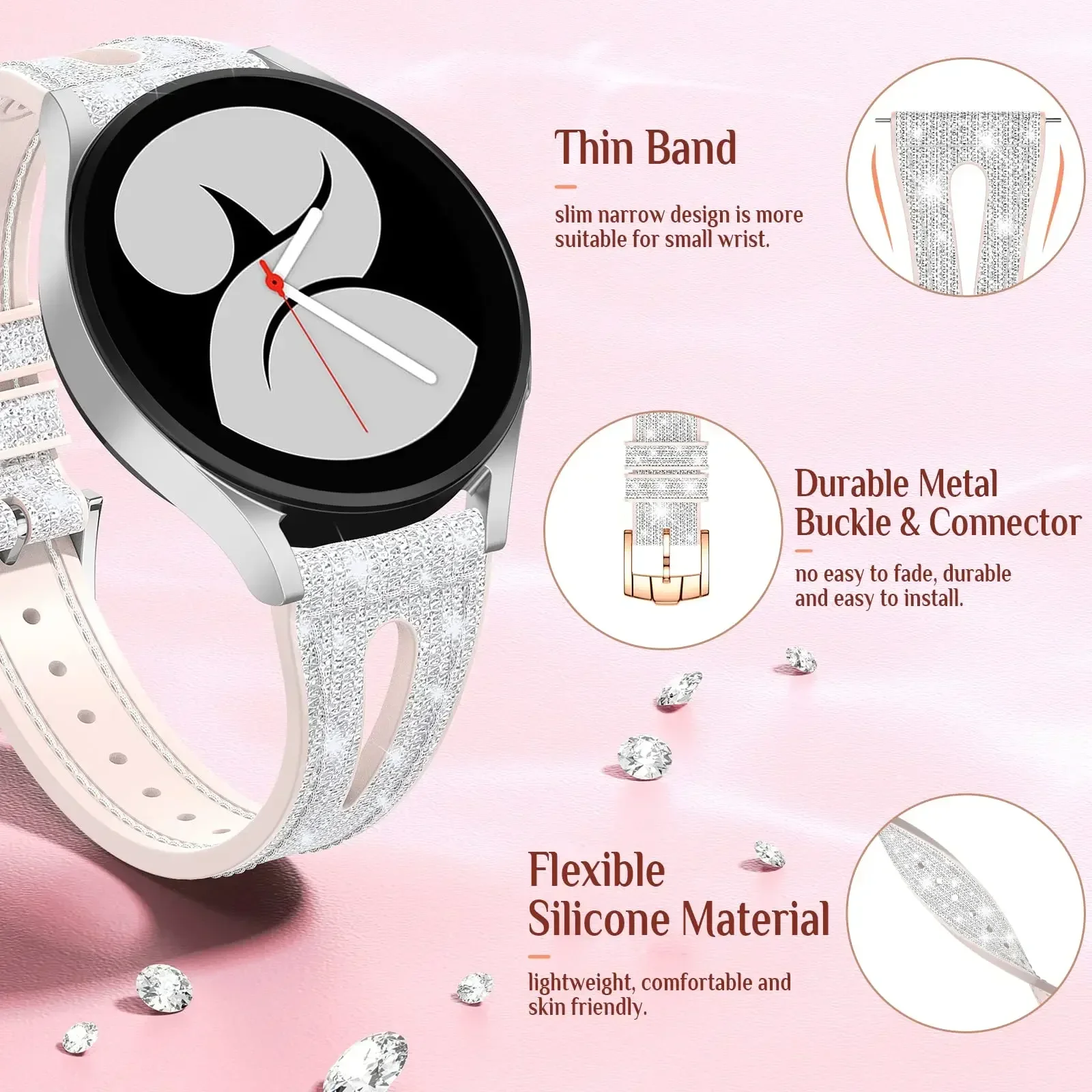 20 mm błyszczący silikonowy pasek do Samsung Galaxy Watch 7/6/5/4 40 mm 44 mm Elegancka brokatowa bransoletka do Galaxy Watch 3 41 mm cienki pasek