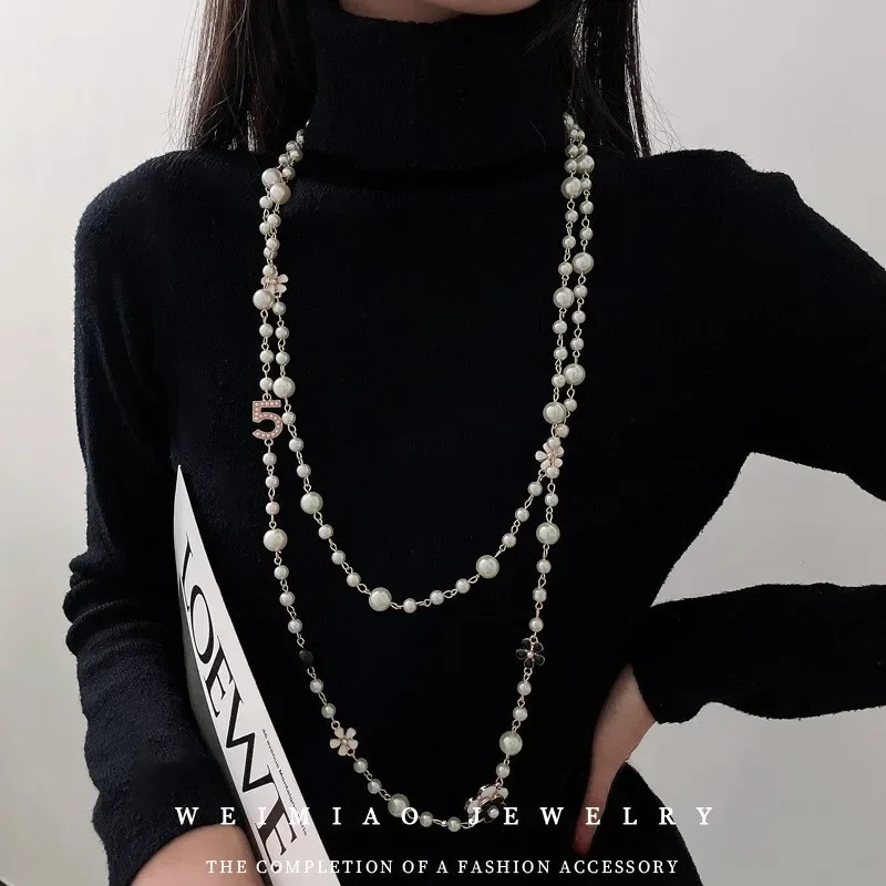 

Flower pearl necklaces long sweater chain luxury neckchain Multi layered chokers for women