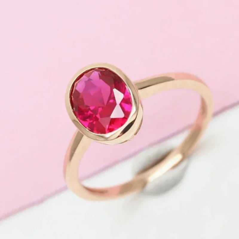 585 Purple Gold Plated 14K Rose Gold Inlaid Oval Simple Ruby Rings for Couples Charm Elegant and Refined Romantic Jewelry