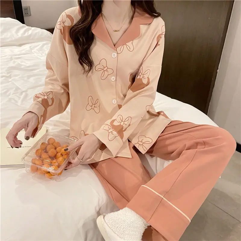 Langarm Herbst gereinigte Baumwolle Pyjama Frauen koreanischen Stil einfache lose süße Schlafsaal Homewear Anzug 2024 neue Nachtwäsche