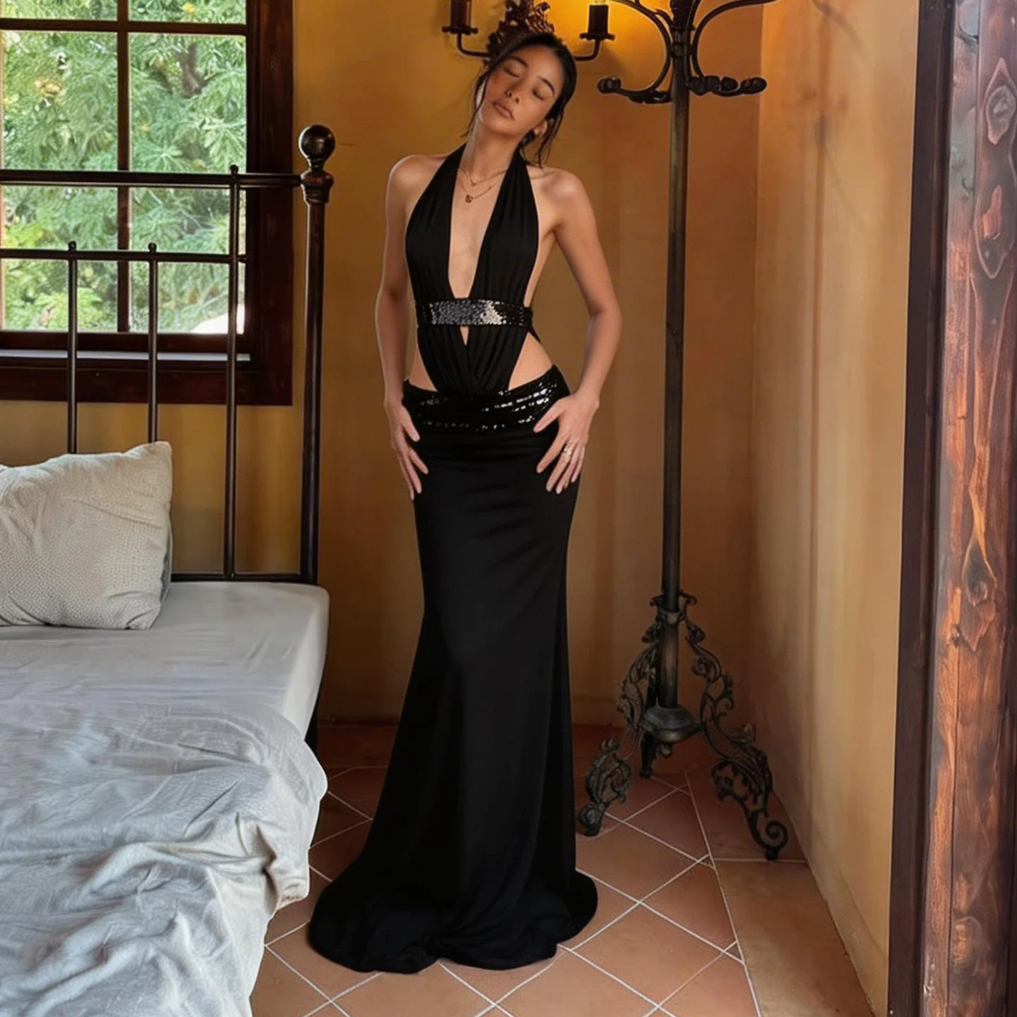 Women Black Halter Sequin Waist Cutout 2-Piece Evening Gown with Deep V-Neck Bodysuit and Mermaid Maxi Skirt for Prom Party