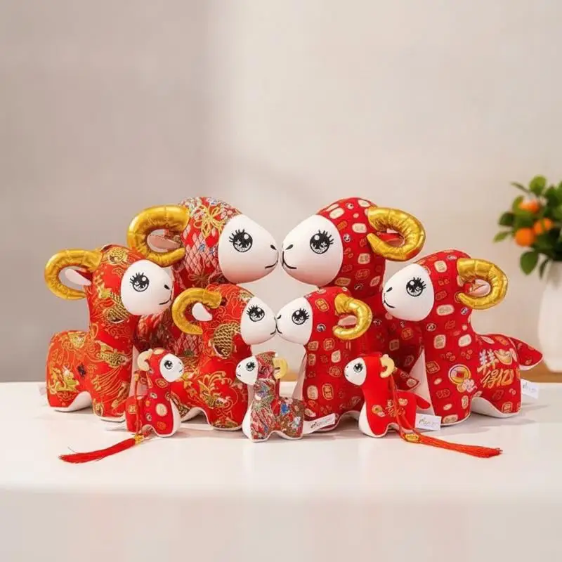 1Pcs Chinese Zodiac Sheep Plush Doll Red Fabric Lucky Goat Stuffed Toy Ornament For Spring Festival Home Party Decoration