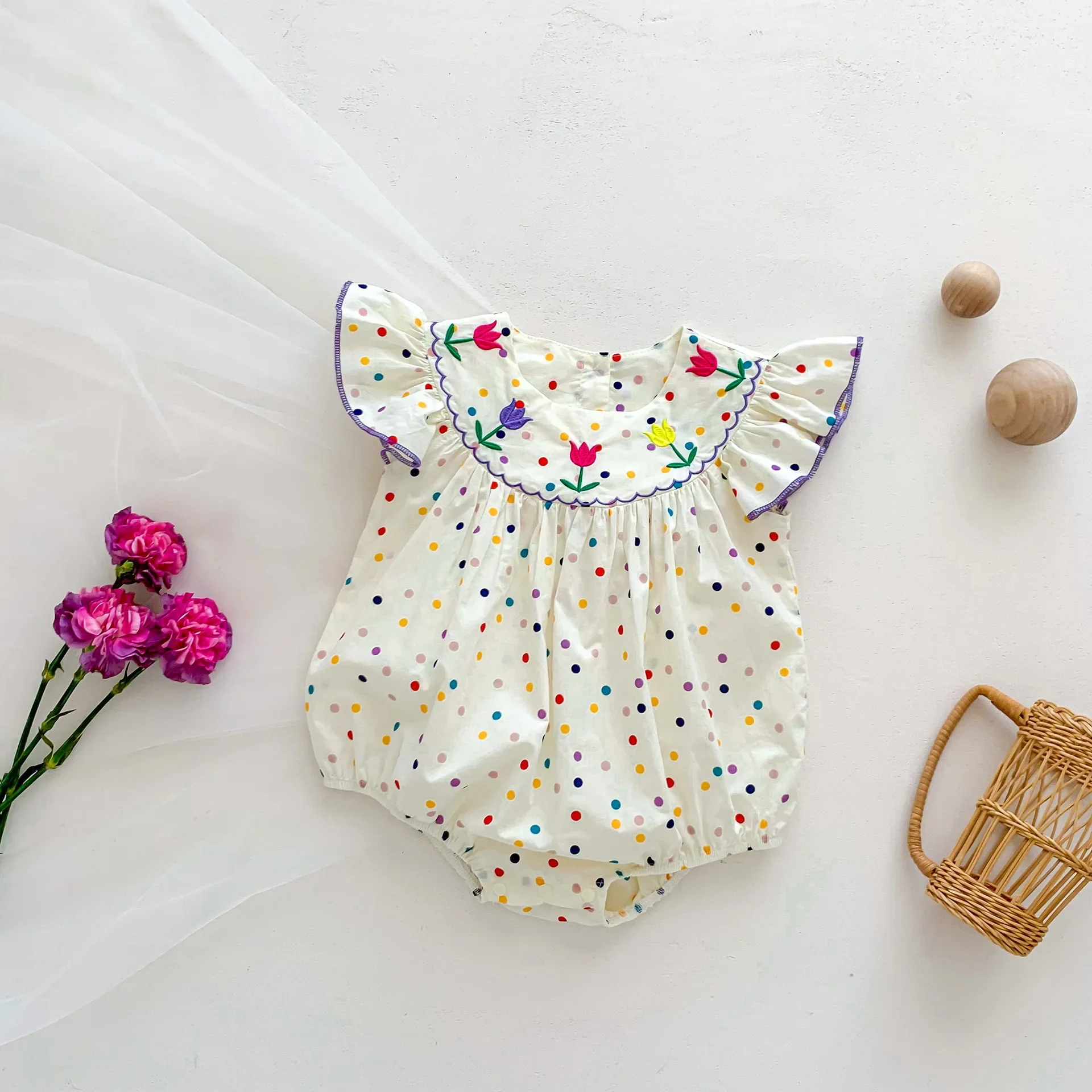 3-24M Infants Girls Bodysuit Summer Baby Cotton Flutter Sleeves Floral Embroidery Polka Dots Cute and Comfy Infant Romper