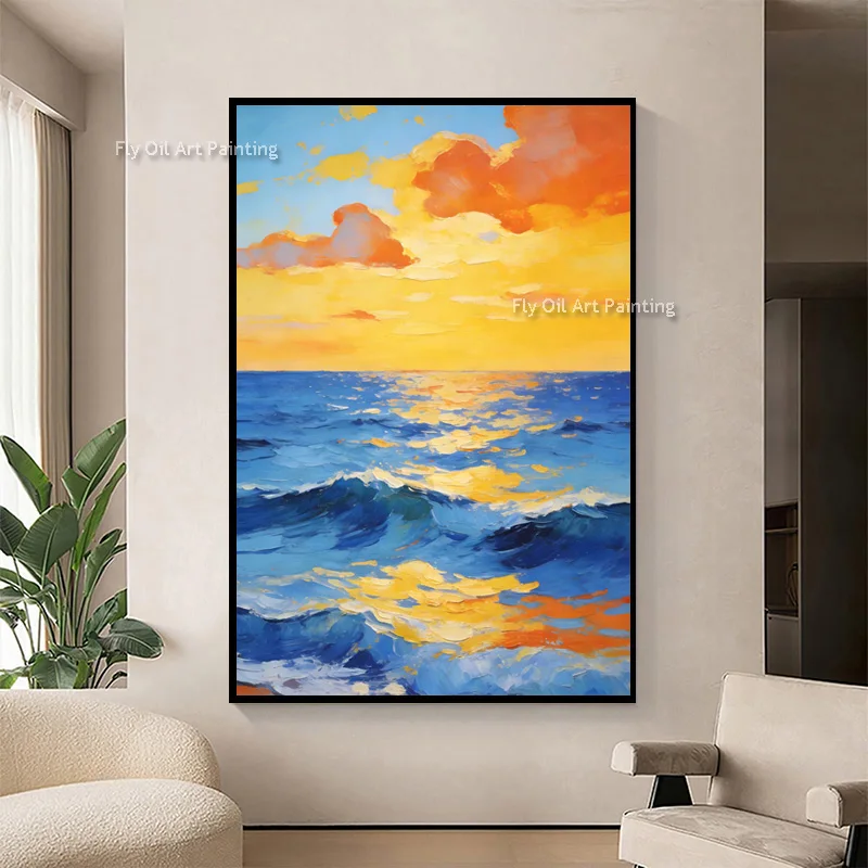 Navy Blue Seascape Artwork Orange Yellow Sunset Sky Oil Painting On Canvas Handmade Ocean Wave View Home Wall Decor Items