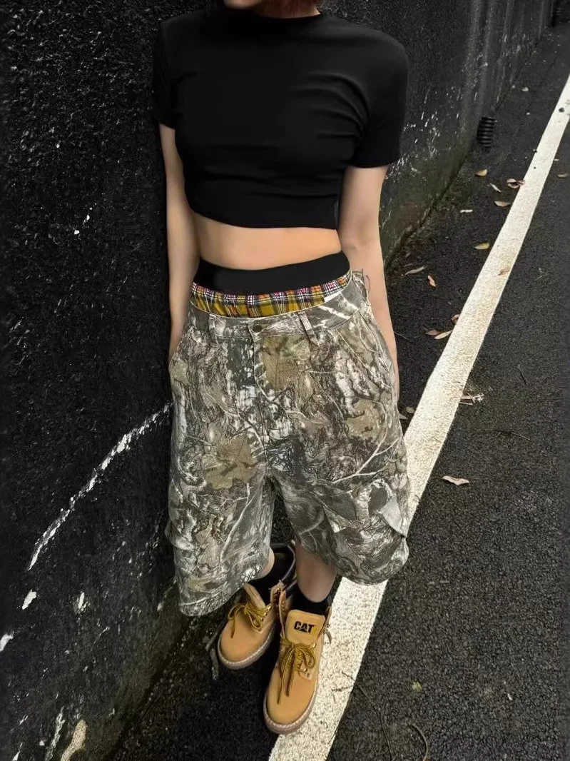 Retro American Streetwear Harajuku Vintage Distressed Branch Camouflage Print Loose Straight Casual Pants Seven-Foot Pants
