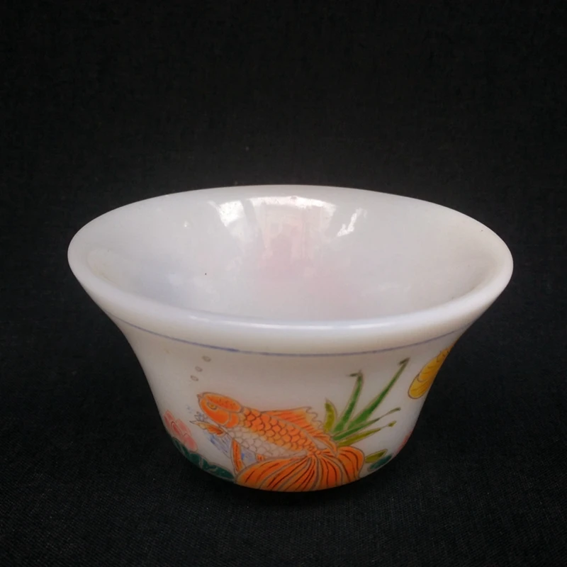 YIZHU CULTUER ART Diameter 89 mm Chinese Old Beijing Glaze Painting Fish Lotus Water Washing Cup Bowl