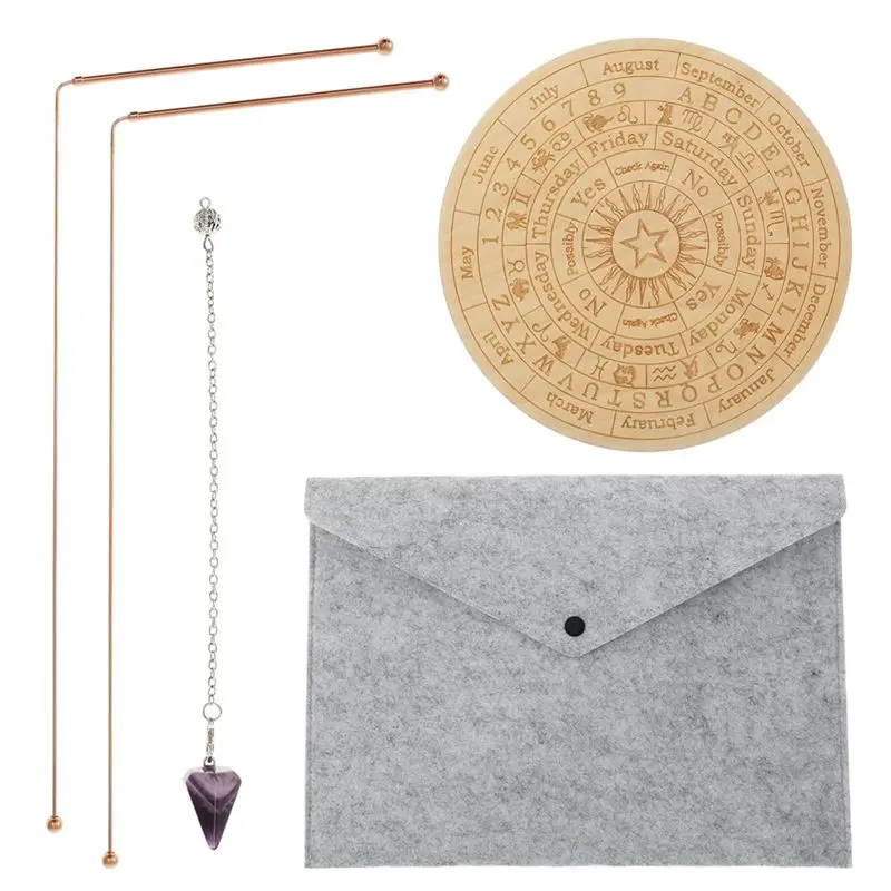 

AEF7-Pendulum Board Mat Kit Portable Divination Kit Pendulum Mat Copper Dowsing Rods Kit & Divining Pendulum Board Divining