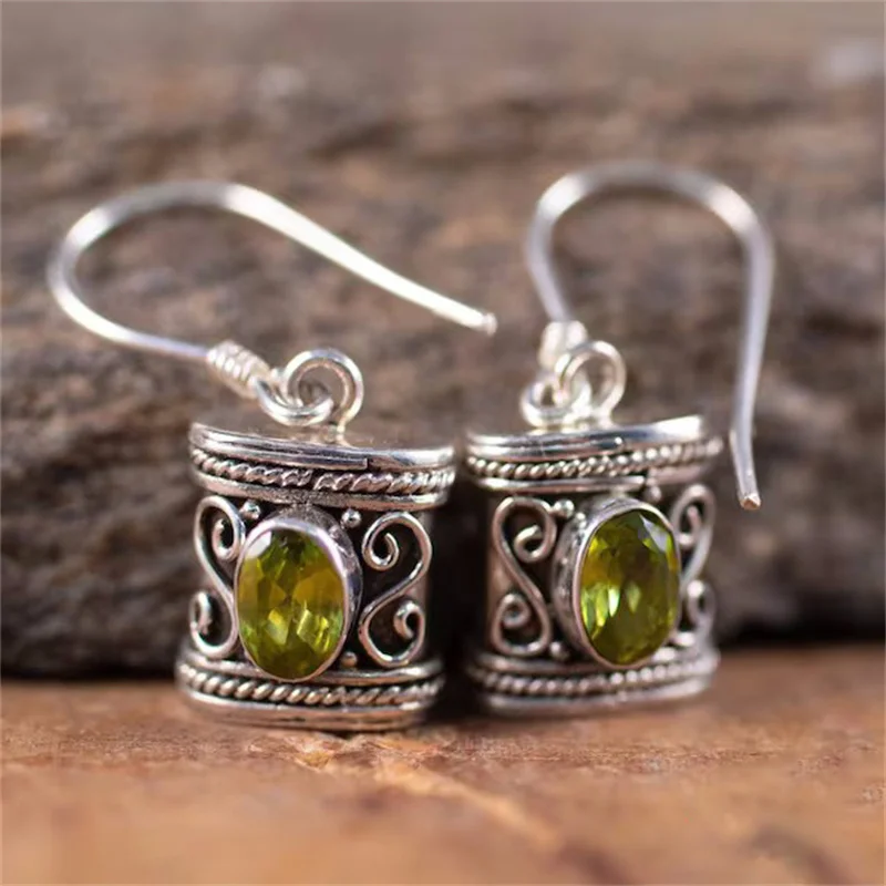 Ethnic Oval Inlaid Olive Green Stone Hook Earrings Vintage Silver Color Metal Carving Hollow Spiral Pattern Dangle Earrings