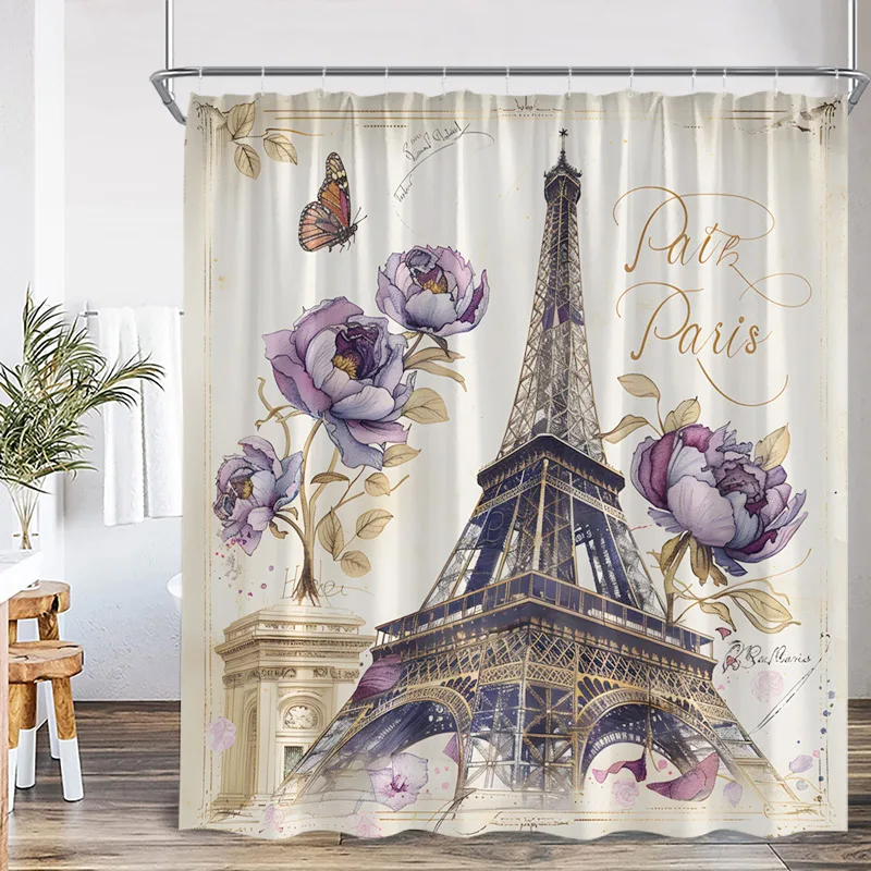 Vintage Paris Tower Shower Curtain Watercolour Pink Purple Floral Retro Art Modern Polyester Home Bathroom Curtains Decor Set