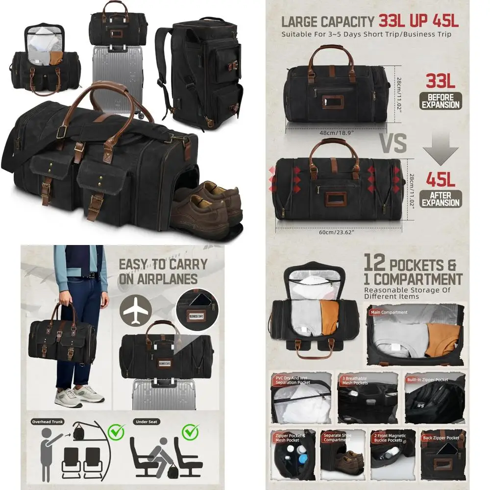 

Men's Vintage Waxed Canvas Expandable Duffle Bag: 45L Waterproof Weekender for Overnight Travel with Shoe Compartment