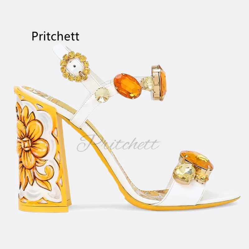 Bohemian Yellow Prints Chunky Heels Women's Sandals Rhinestone Jewels High Heels Summer Open Toe Vacation Beach Shoes 6/10Cm