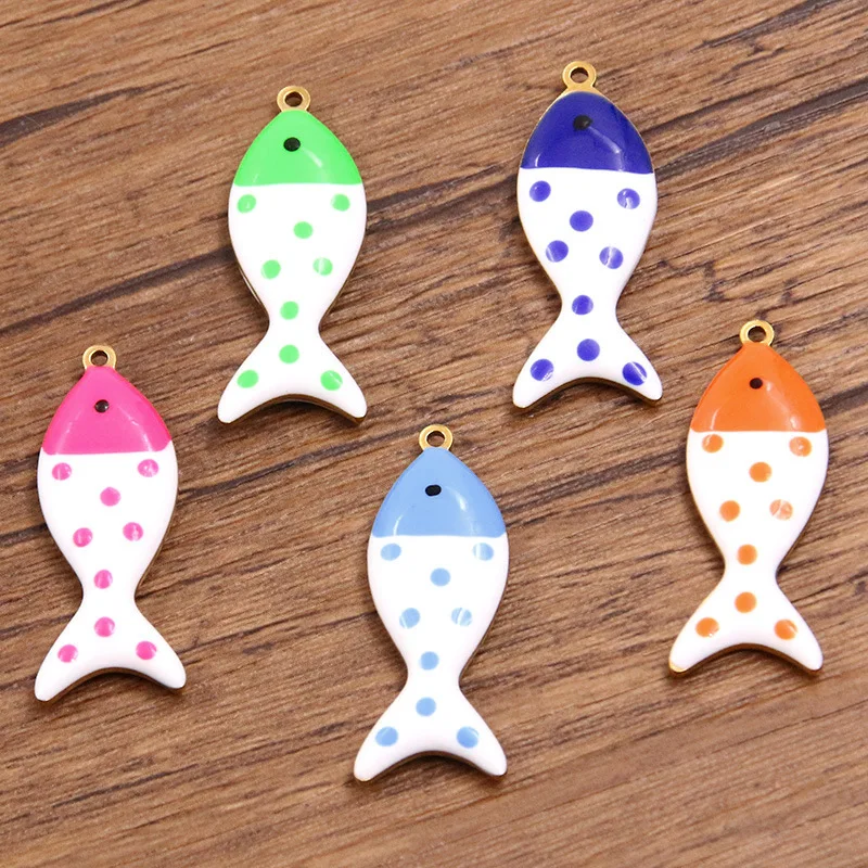 

10pcs Multi-color 12X31mm Stainless Steel Enamel Oil Drip Charm Pendant Double-sided Small Fish Pendant DIY Jewelry Accessory