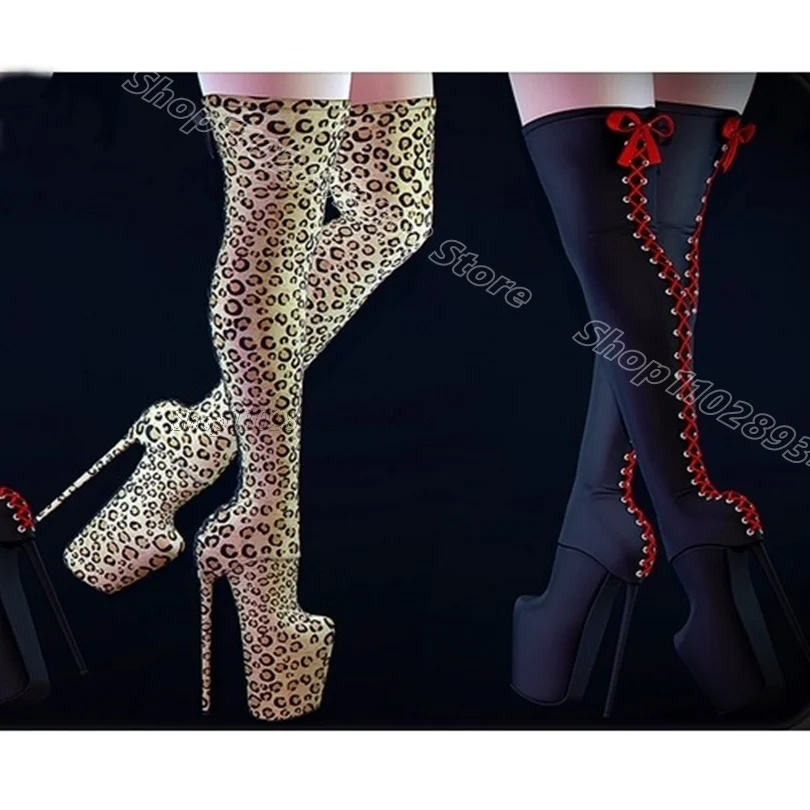 

Leopard Print Cross Band Boots Round Toe Stiletto Heels Spring Women Sexy Party Dance Over Knee Boots 2025 Zapatos Para Mujere