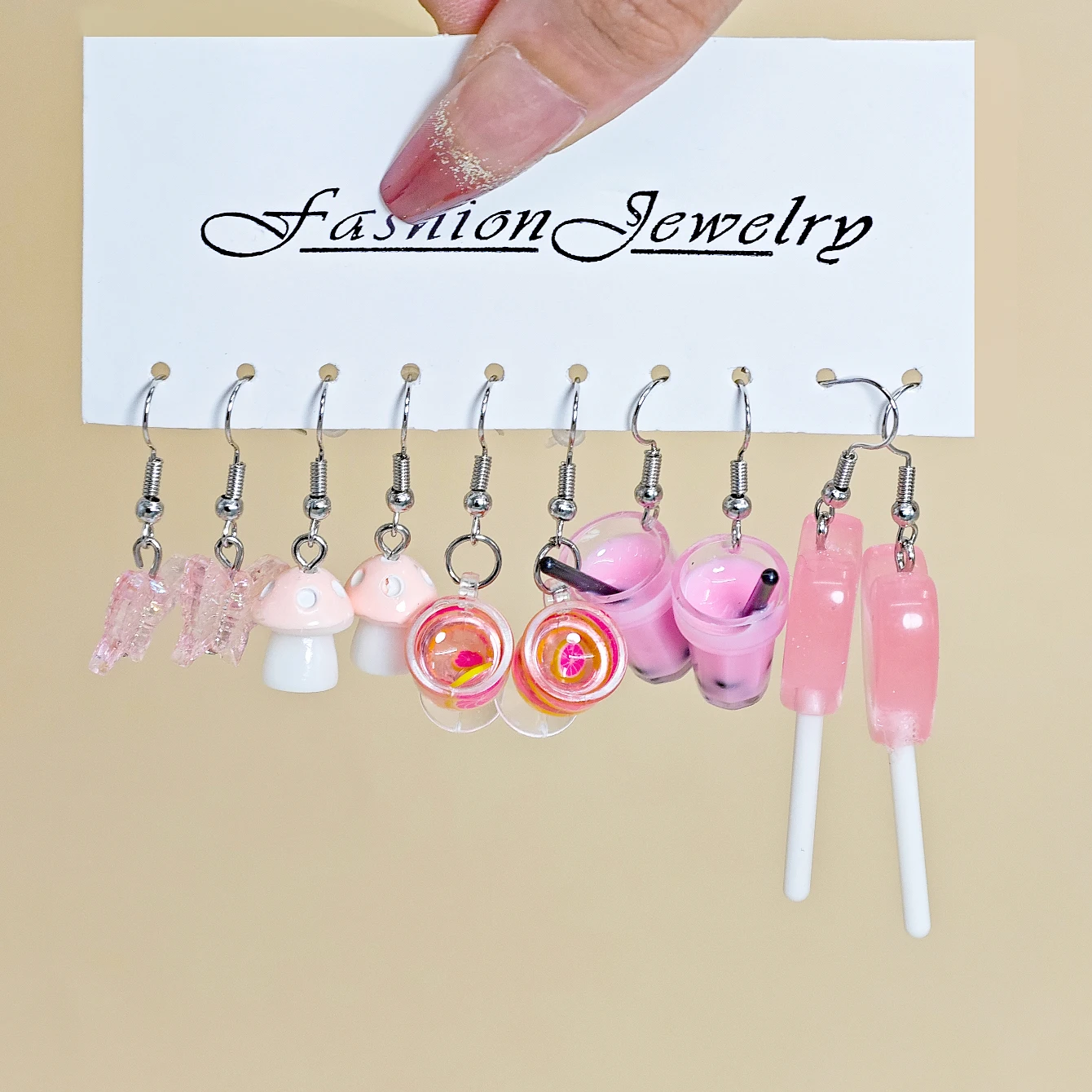 European American Cross Border Women Cartoon Fashion Simulation Food Milk Tea Mushroom Candy Resin Acrylic Earrings Pink Set