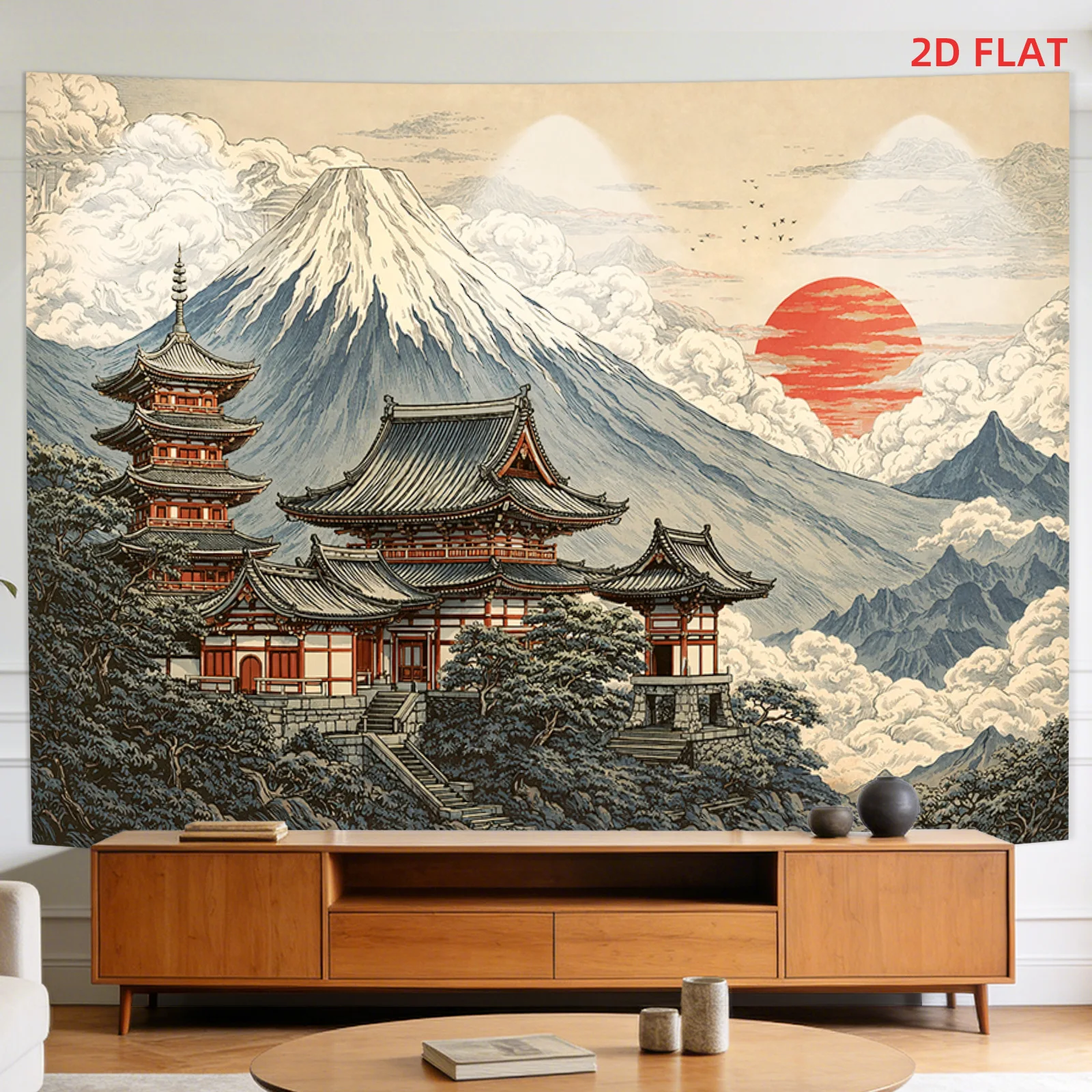Majestic Japanese Mount Fuji Temple Landscape Tapestry Oriental Scroll Wall Hanging Art Decor for Home Room Decor