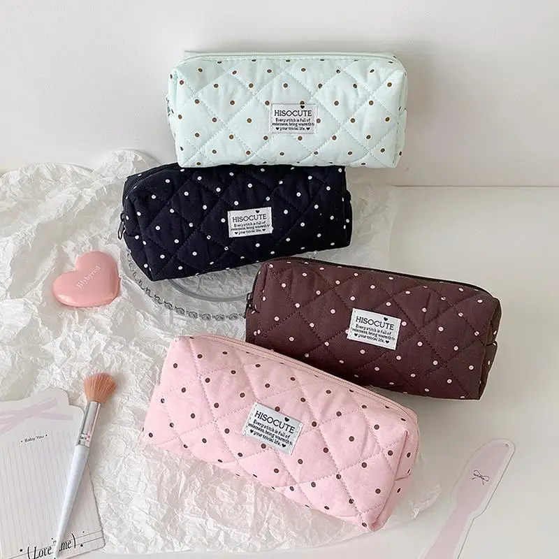 Quilted Polka Dot Pencil Case Simple Aesthetic Stationery Pouch Portable Small Storage Bag For Students Back To School Supplies
