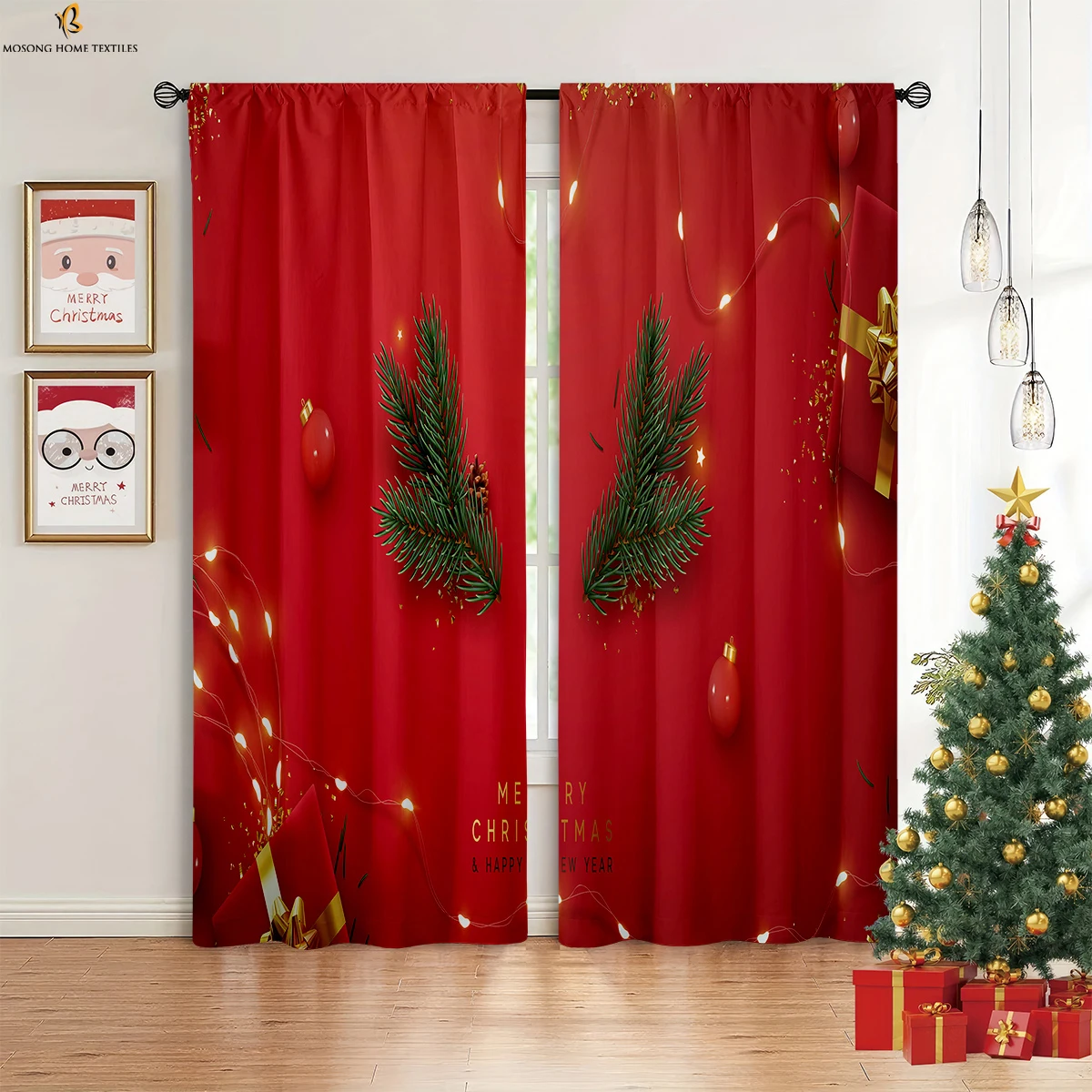 

Christmas Tree Ball 3d Printed Curtains Retro Wine Red Curtains Children's Room New Year Holiday Party Decoration Curtains 2 Pcs