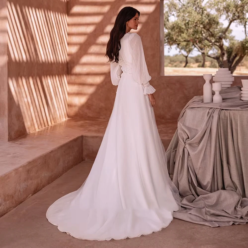 Fashion Scoop Wedding Dresses for Ladies Elegant Chiffon Bridal Gowns with Lace Exquisite Full Sleeve Vestidos De Novia New 2026