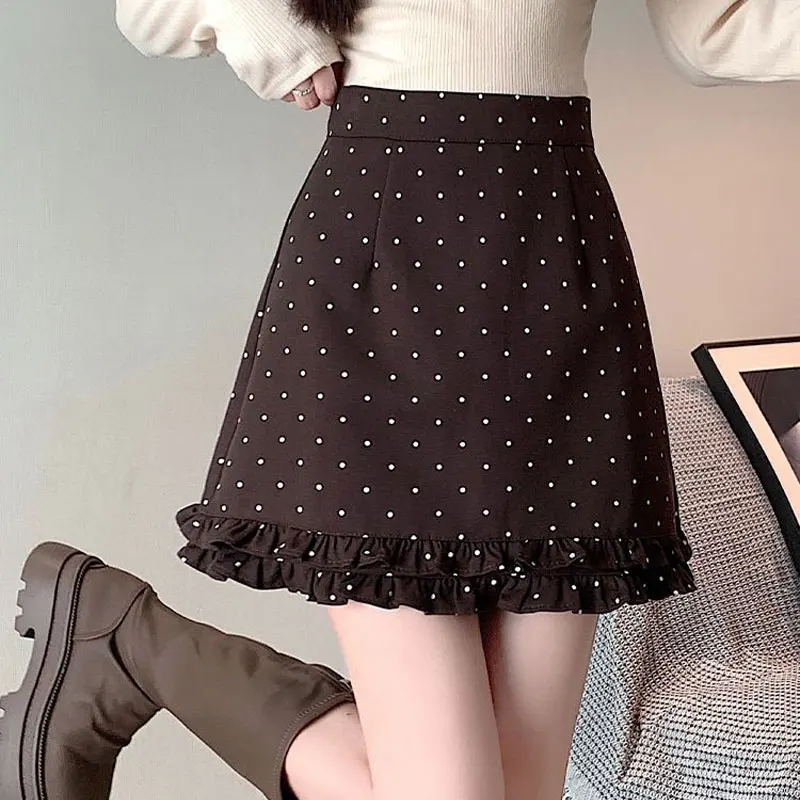 Fashion Folds Spliced Polka Dot Mini Skirts Women's Clothing High Waist Autumn Winter A-Line Elegant Bag Hip Sweet Basic Skirts