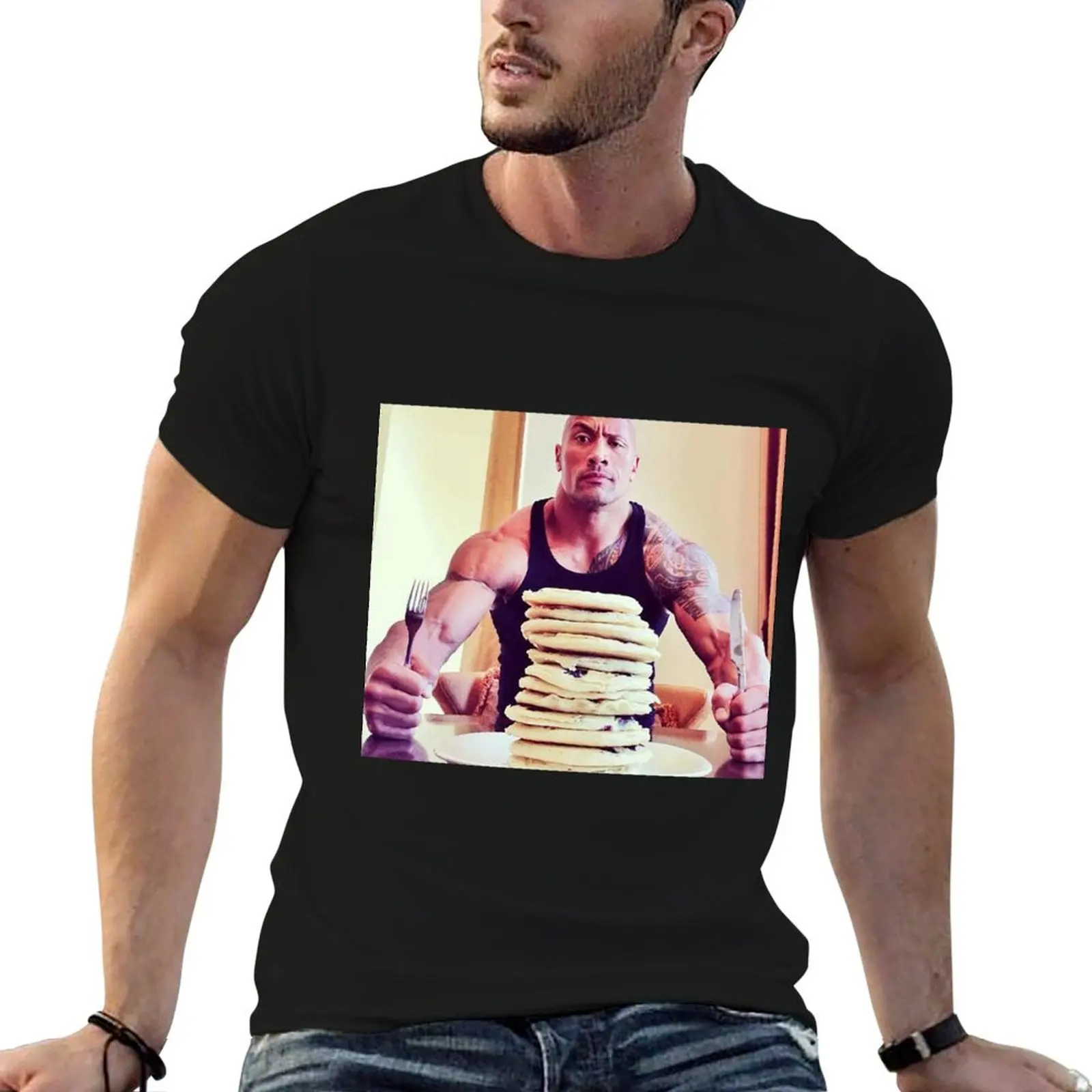 Dwayne The Rock Johnson Eating Blueberry Pancakes T-Shirt Work Utility Casual Tee Shirt