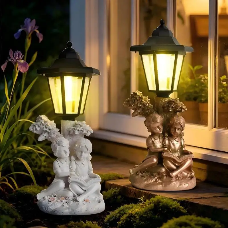 Angel Boy & Girl Planter Solar Light,Waterproof Resin Figurine Outdoor Garden Yard Lawn Patio Flower Pot Ornament Gardening