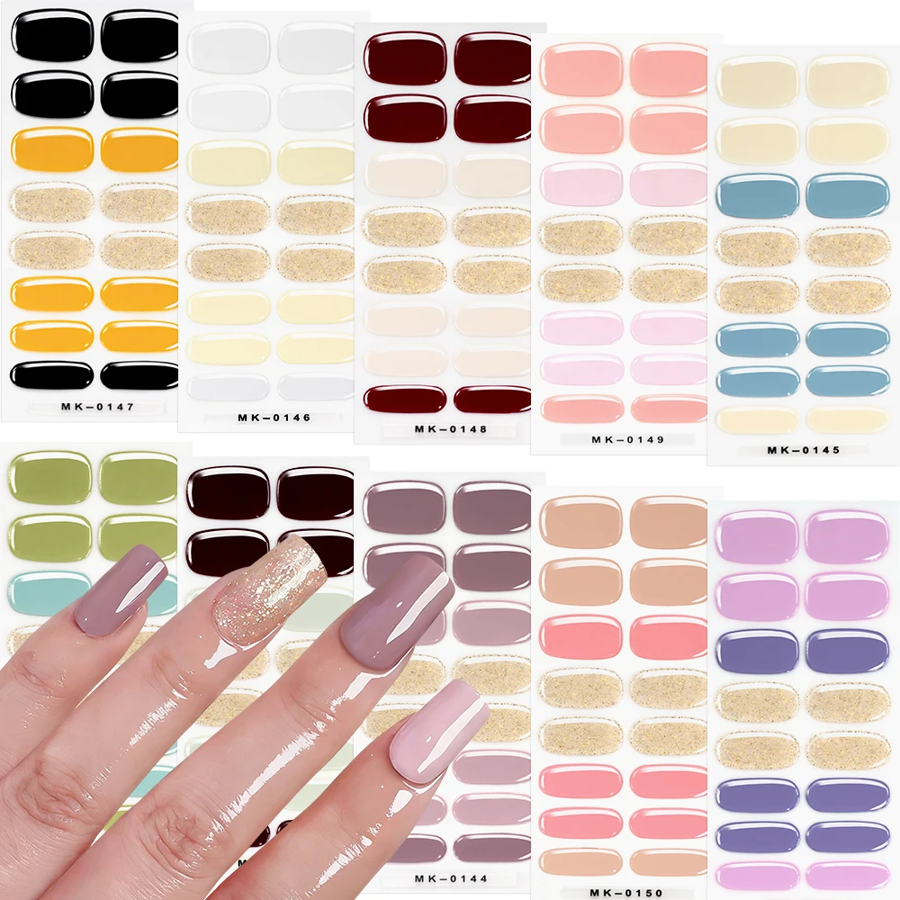 16Tips Solid Color & Glitter Semi Cured Gel Nail Strips Self-Adhesive Baking Free Elegant Gel Nail Sticker Full Coverage Decals