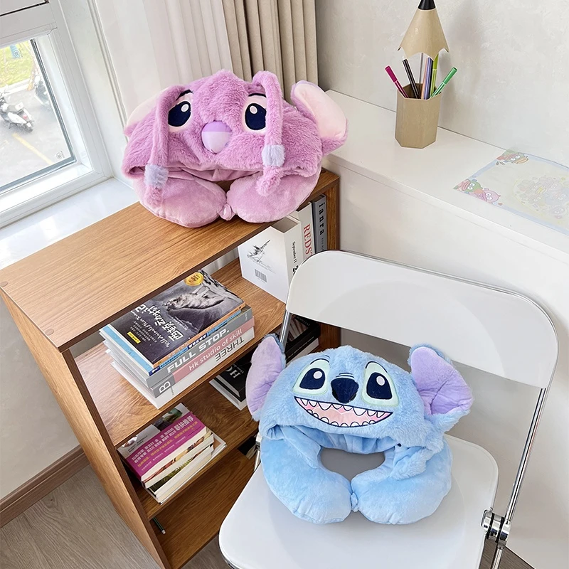 Cute Stitch Angel U-shaped Hooded Pillow Lovely Stuffed Anime Cartoon Neck Pillow Nap Travel Japanese Style Neck Pillow