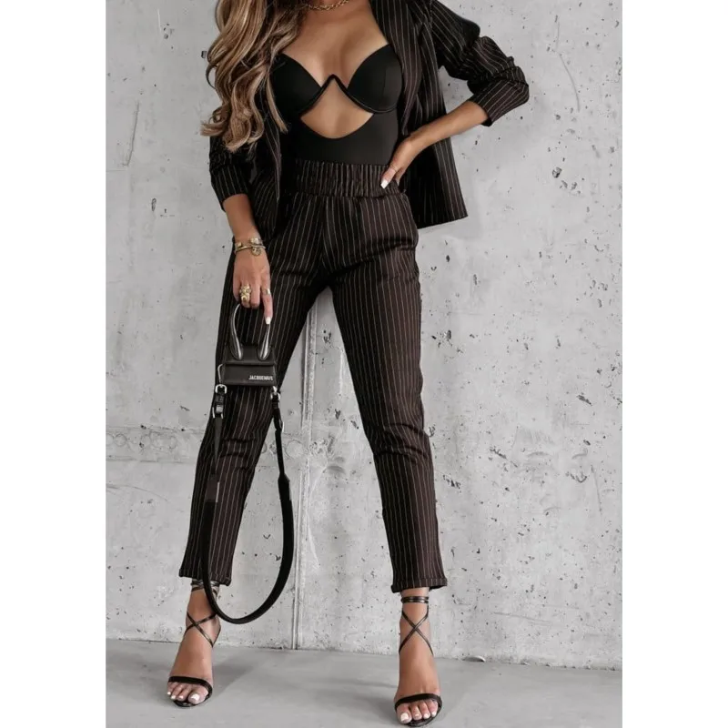 Brown Pinstripe 2-Piece Suit Women 2025 New Blazer & Pants Set Long Sleeve Slim Fit Office Party Casual Set Streetwear Suit