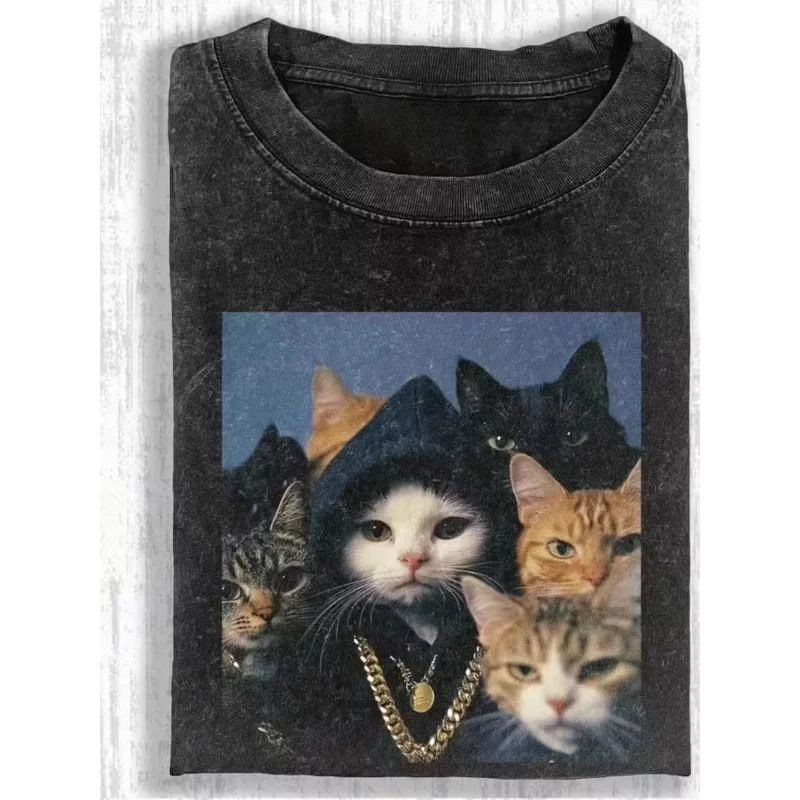 Hip Hop Gang Cats Graphic T Shirt Vintage Loose Oversized Short Sleeve Tee Casual Streetwear Unisex Funny Pet Animal Print Tops