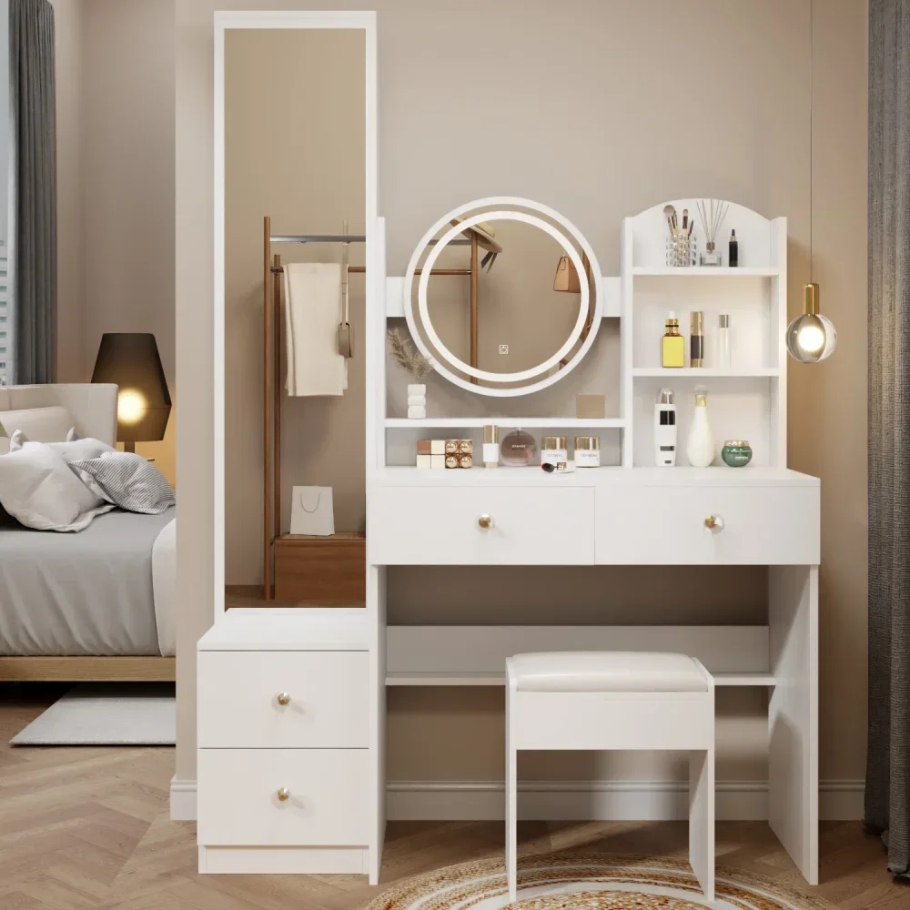 Full Body Mirror Cabinet + Round Mirror LED Vanity Table + Cushioned Stool 17