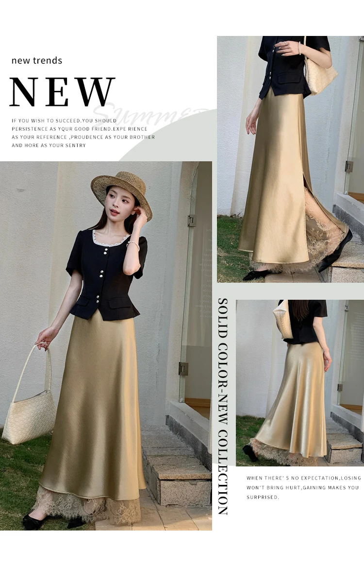 2026 Sommer Herbst Neuer Schlanker Hochwertiger Modischer Halbrock Eleganter Spitzenbesatz Satin Seitenschlitz Damen Midi-Rock – Detail 2