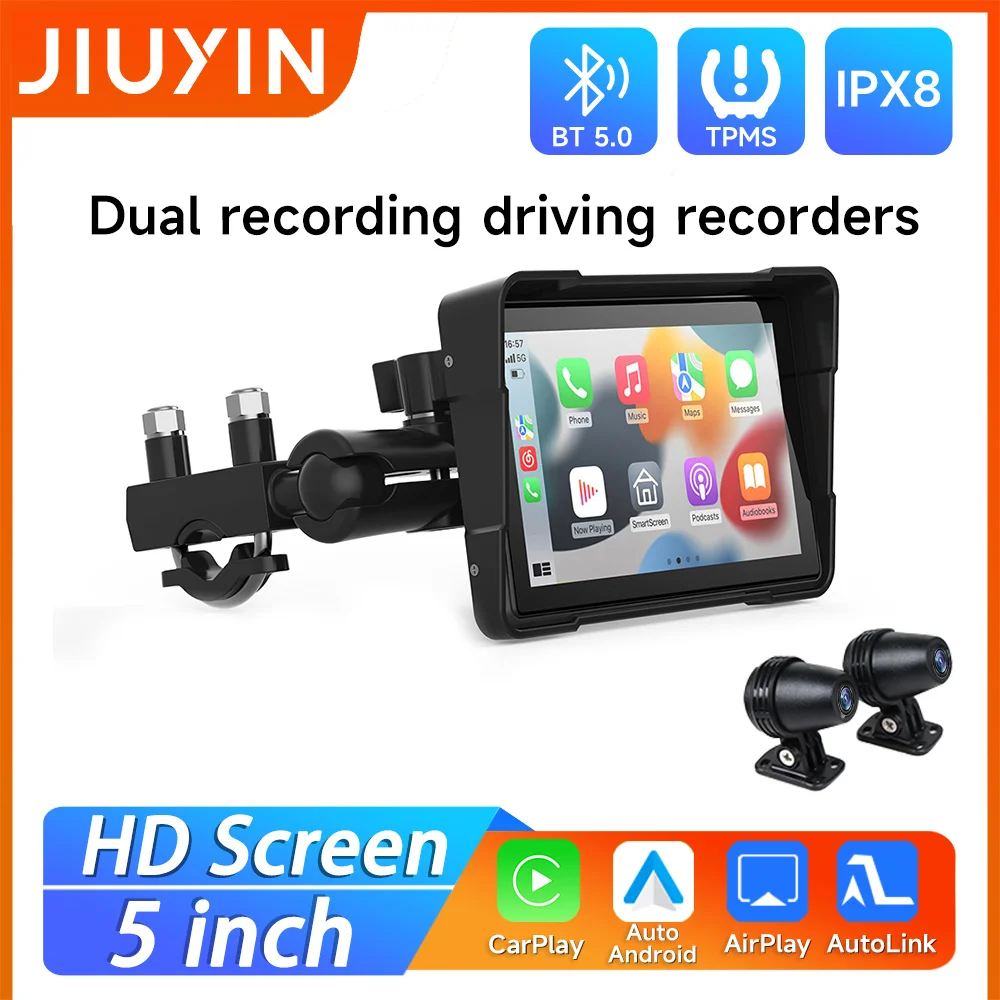 5-Zoll-Motorrad-Display, tragbar, Bluetooth, IPX7, wasserdichter Monitor für kabelloses Carplay, Android Auto, Dual-Recorder-Navigation