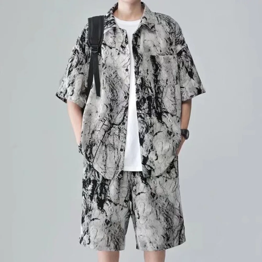 Men Sets Short Sleeve Tie-dye Printing Loose Pockets Single Breasted Wide Leg Korean Style Leisure Knee-length Breathable Summer image 4