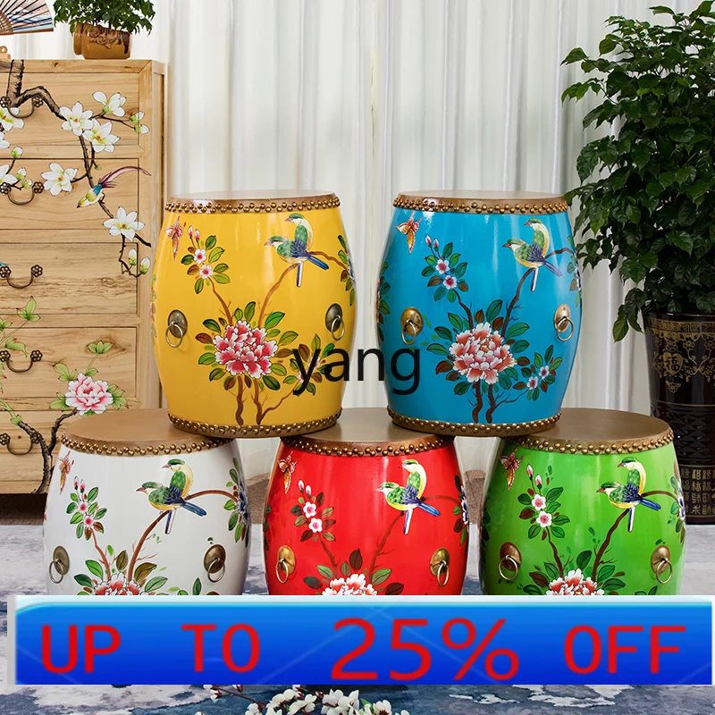 LTT solid wood antique American painted cowhide drum stool new Chinese simple shoe changing stool