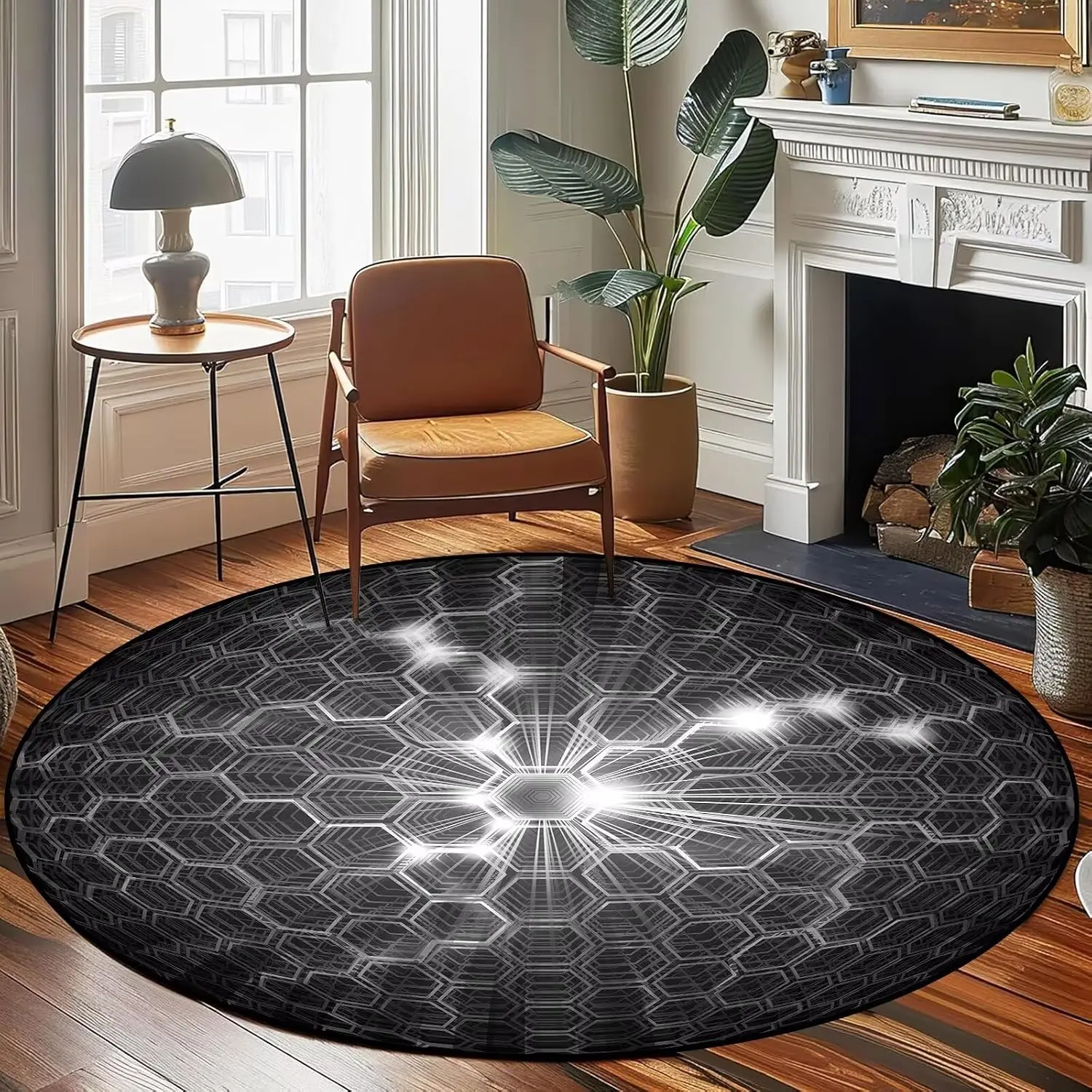 3D Geometric Round Rug Black Hexagon Tech Carpet Circular Area Rug for Living Room Bedroom Modern Home Decoration Floor Mat
