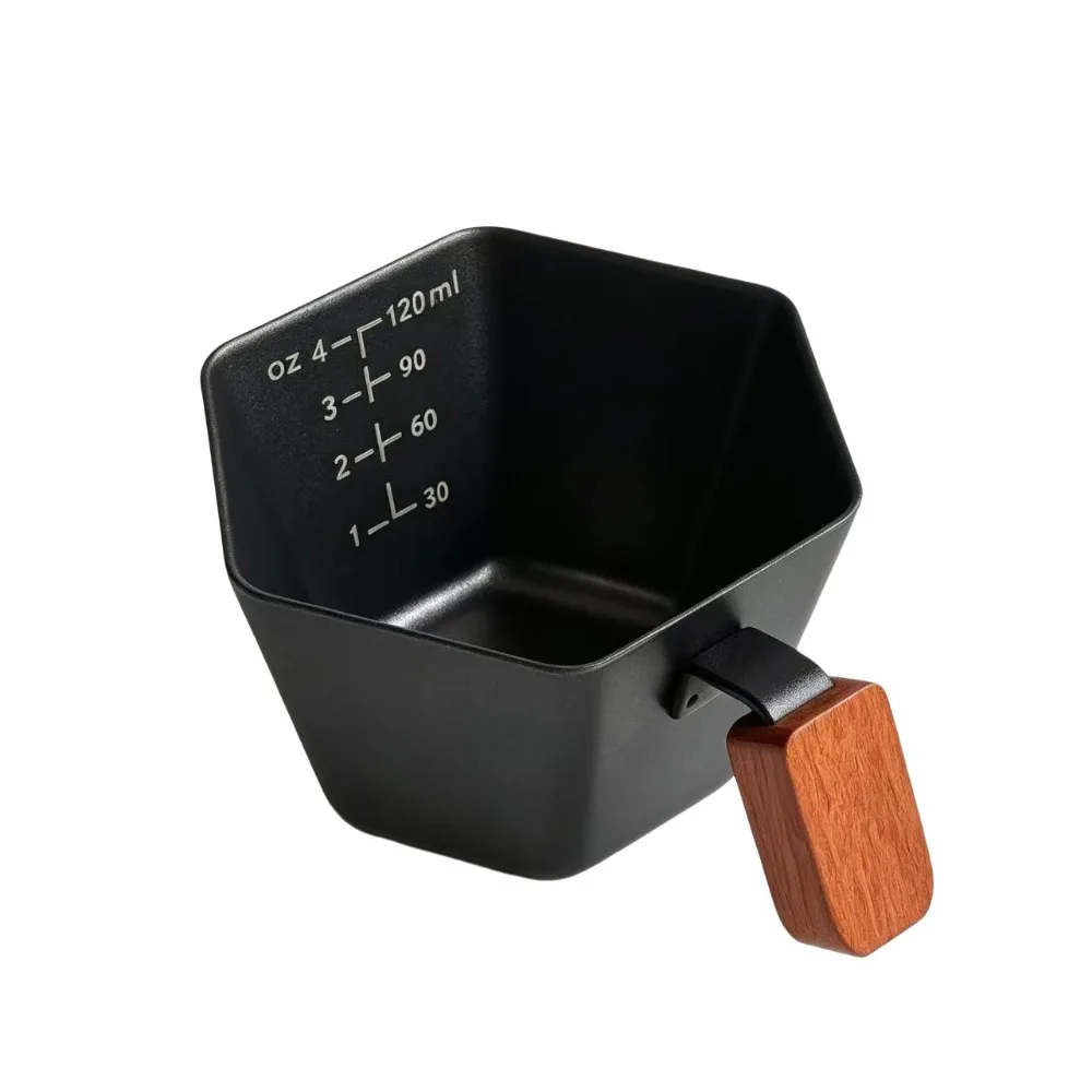 4 Oz Hexagonal Espresso Cup Curved Handle Wooden Handle Coffee Dosing Measuring Cup With Scaled Mini Coffee Extraction Cup Bar