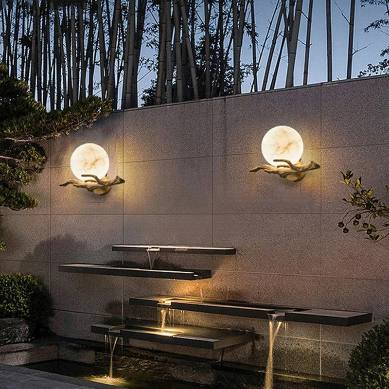 Italian Marble Wall Lamp Waterproof Brass LED Porch Light for Home Outdoor Garden Exterior Wall Corridor Pathway Lighting